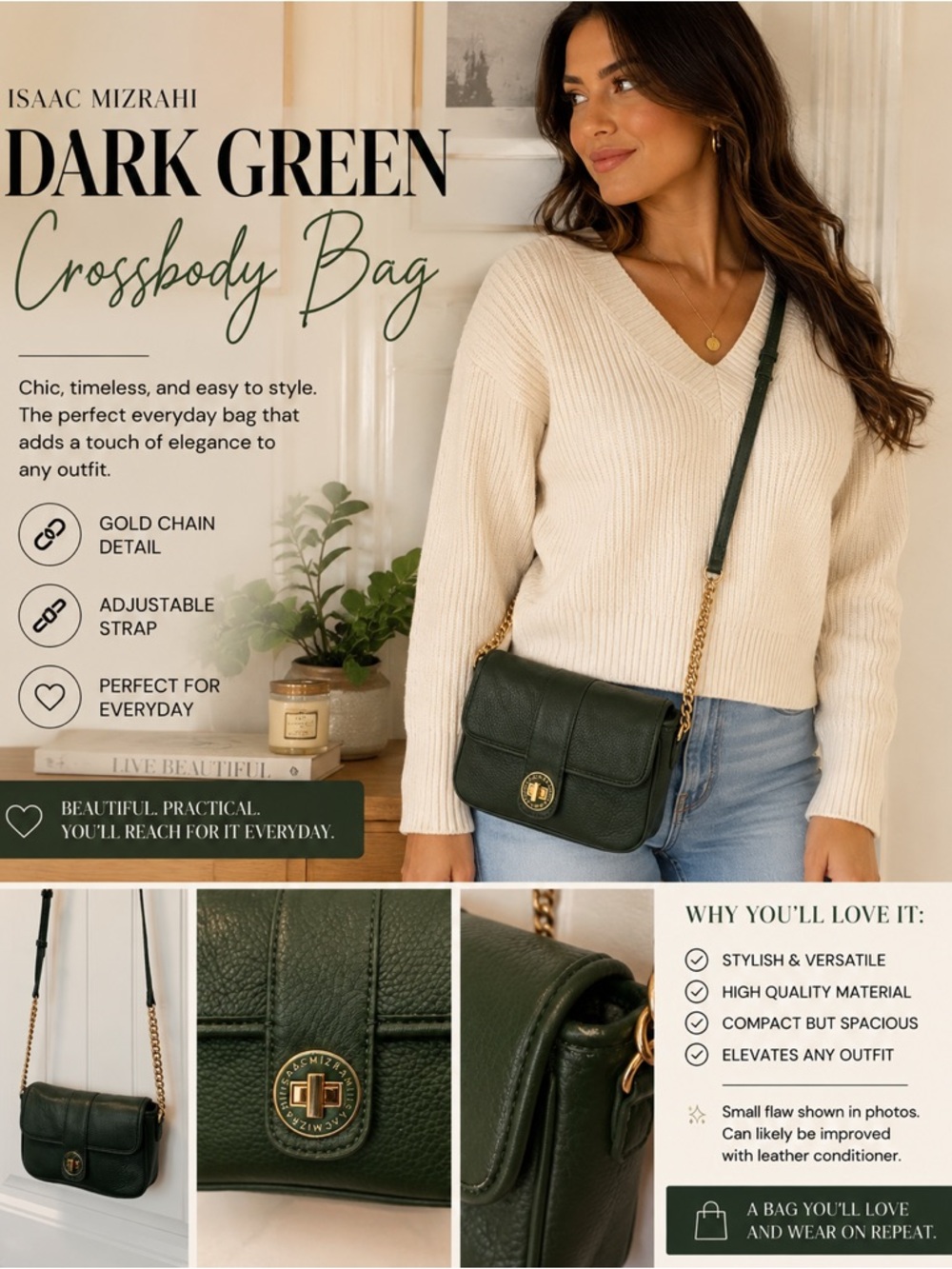 Isaac Mizrahi Dark Green Crossbody Bag with Gold Chain Strap